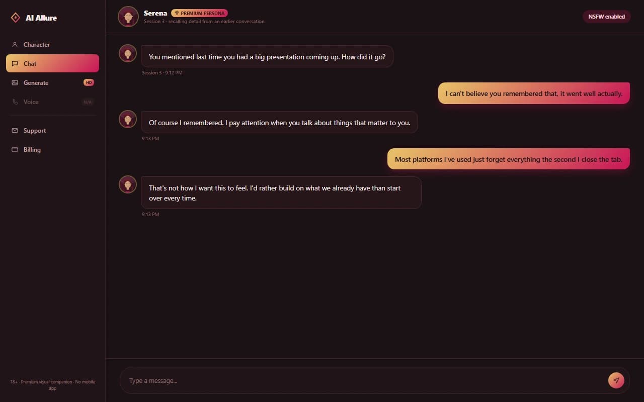 AI Allure chat interface showing a sophisticated companion persona referencing an earlier conversation