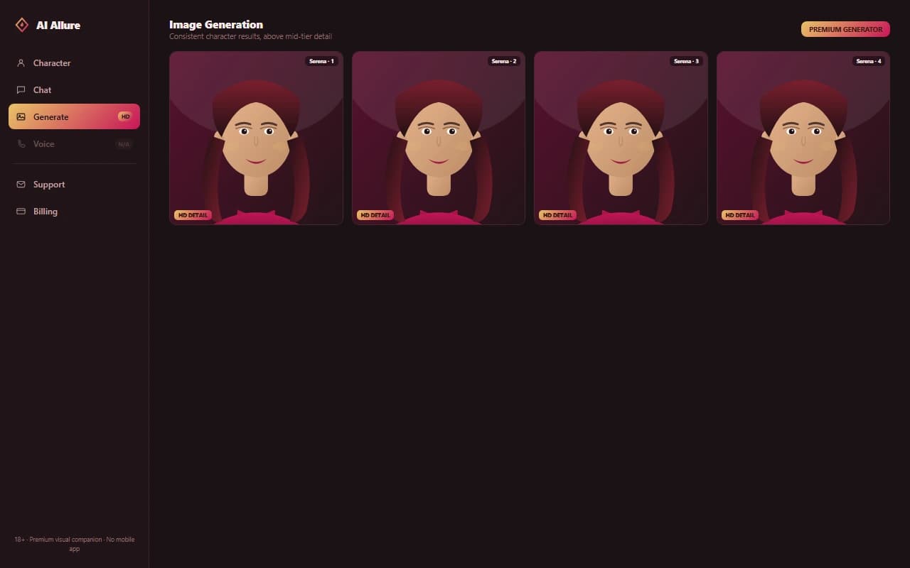 AI Allure generate screen showing a set of detailed, high-quality NSFW image results
