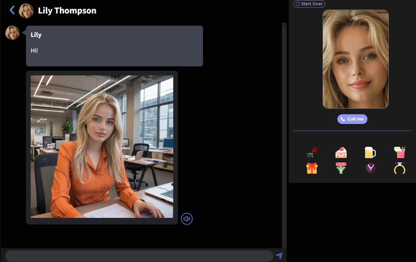 AIGirlfriends.ai chat interface showing a conversation with Lily Thompson and an AI-generated character image