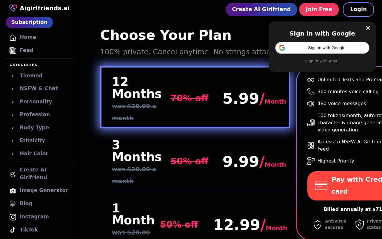 AIGirlfriends.ai subscription pricing plans showing monthly and annual options
