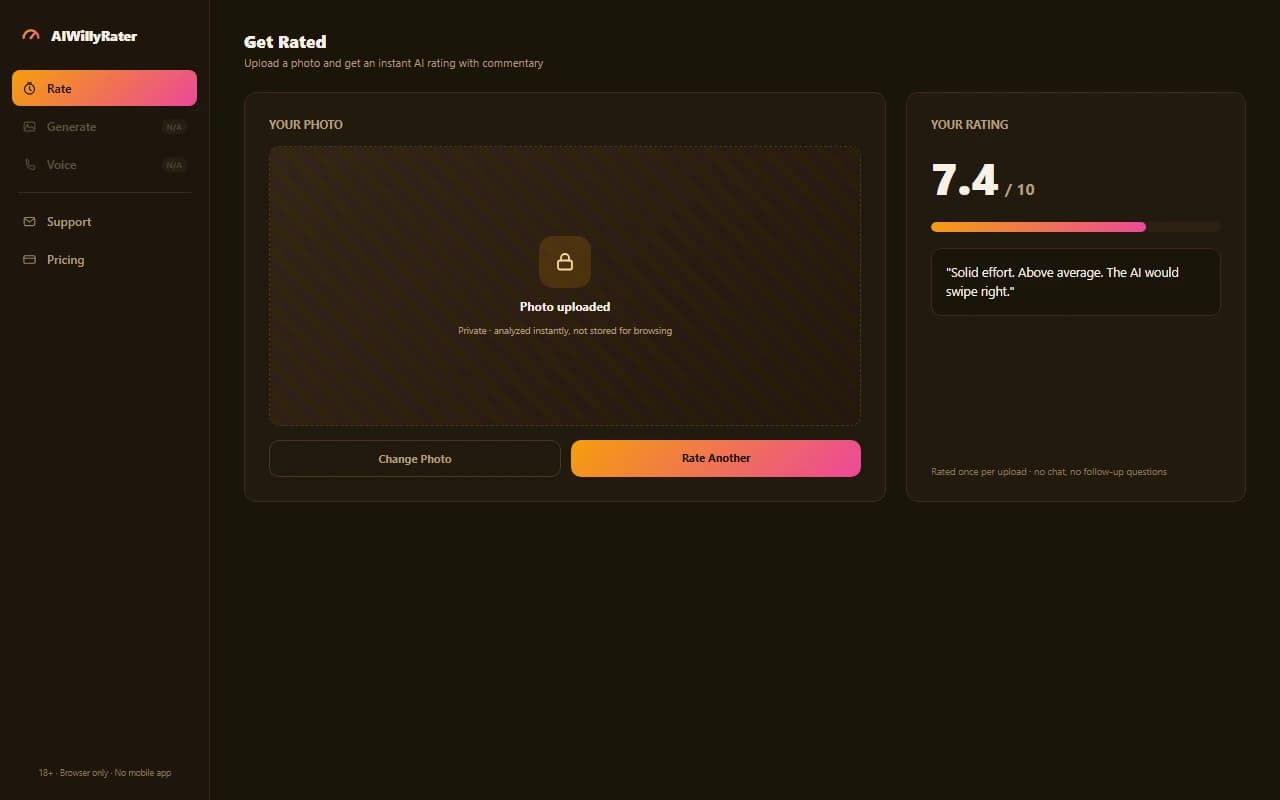 AIWillyRater upload and rating screen showing a photo upload area and a numeric score with a short comment, no chat conversation