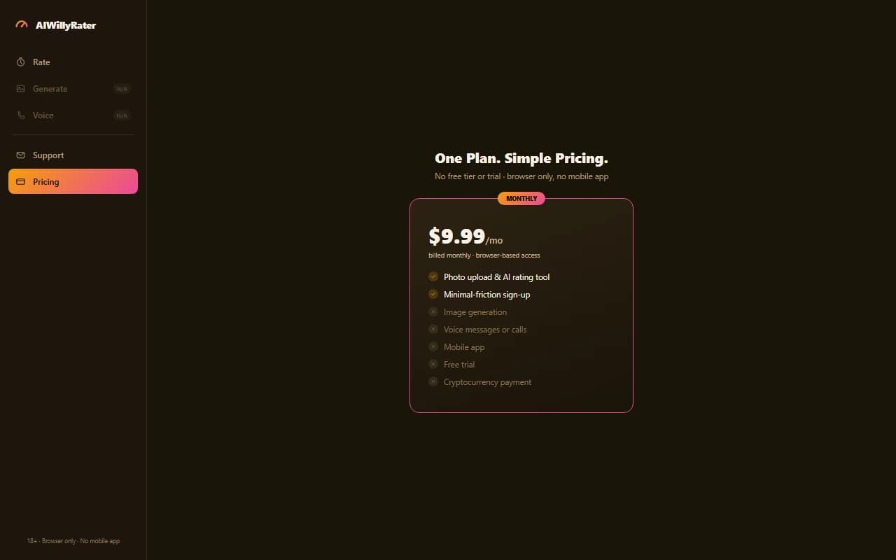 AIWillyRater pricing page showing the single $9.99 per month browser-only plan