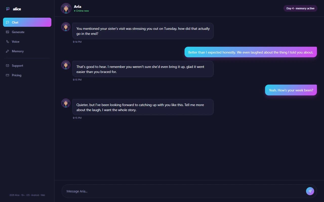 Alice chat interface showing a multi-day conversation with cross-session memory callbacks