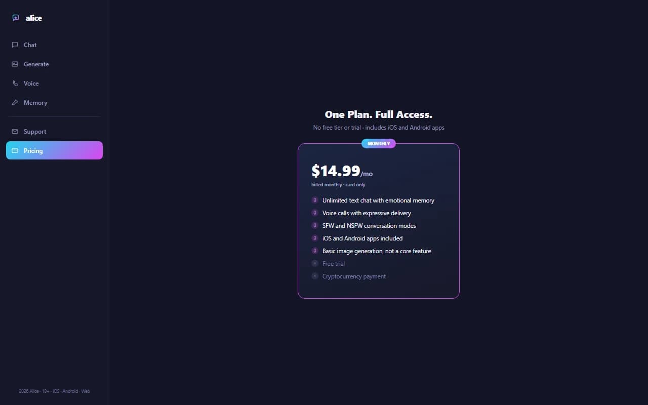 Alice pricing page showing the single $14.99 per month plan with iOS and Android app access included