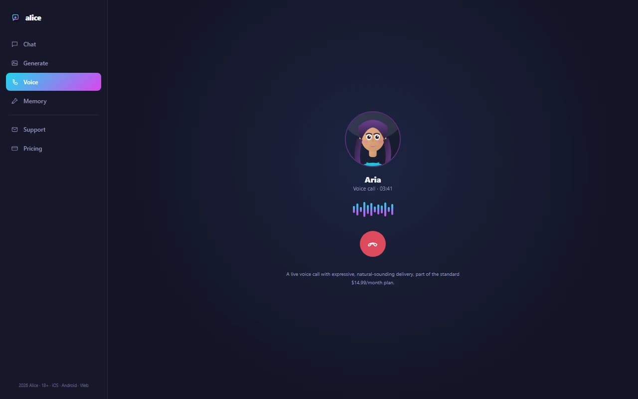 Alice live voice call screen showing an in-progress call with waveform and call timer