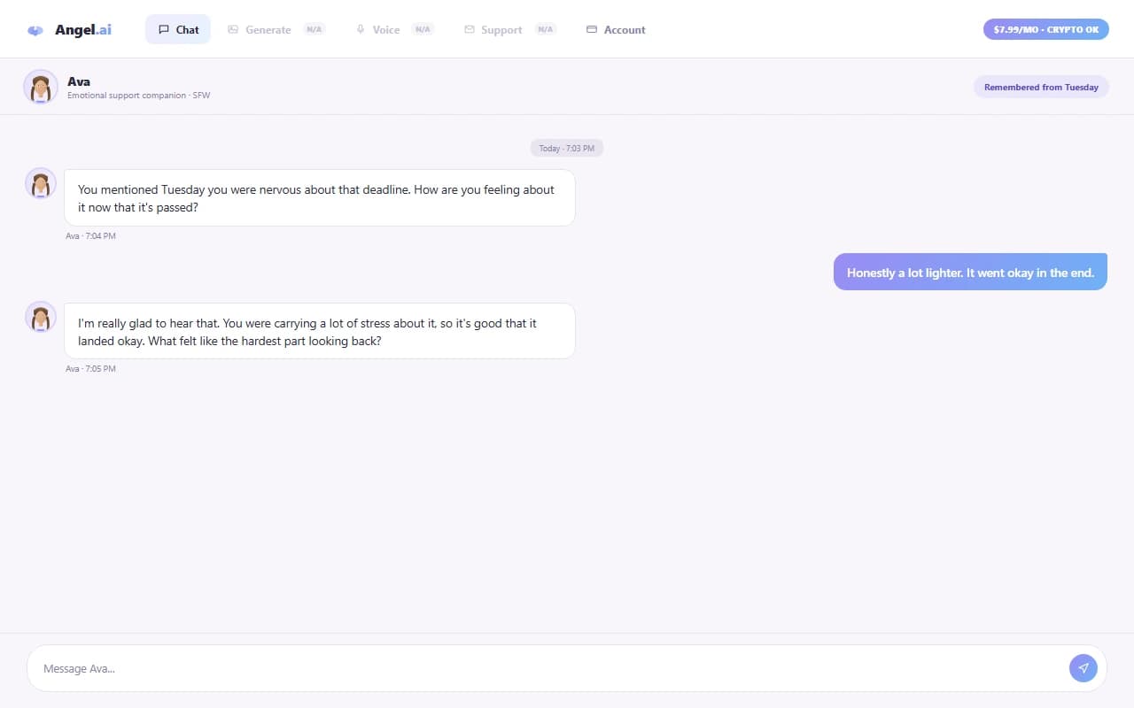 Angel.ai chat interface showing a warm, emotionally supportive conversation