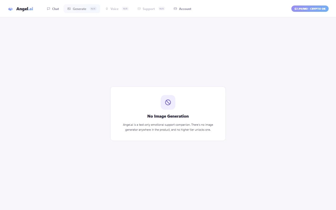 Angel.ai interface showing its newly added AI selfie image generation feature