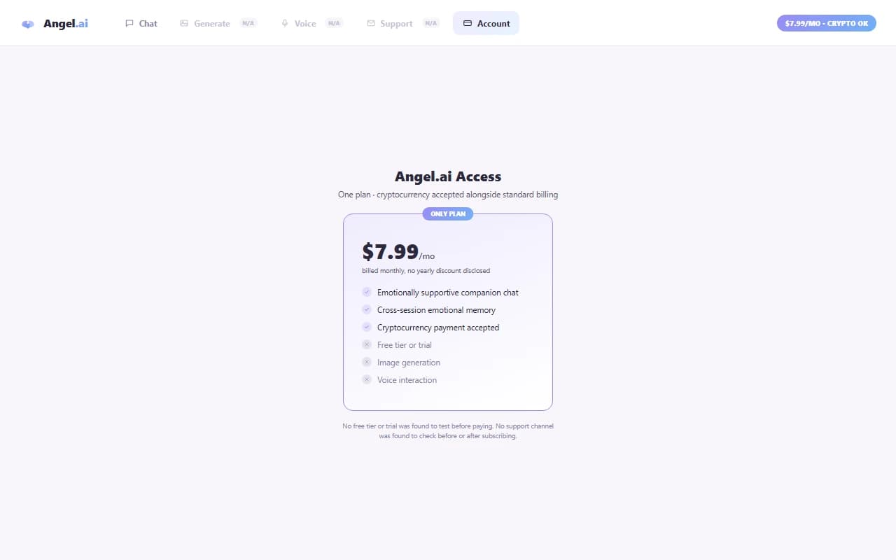 Angel.ai pricing page showing the free tier and Weekly, Monthly, and Annual paid plans
