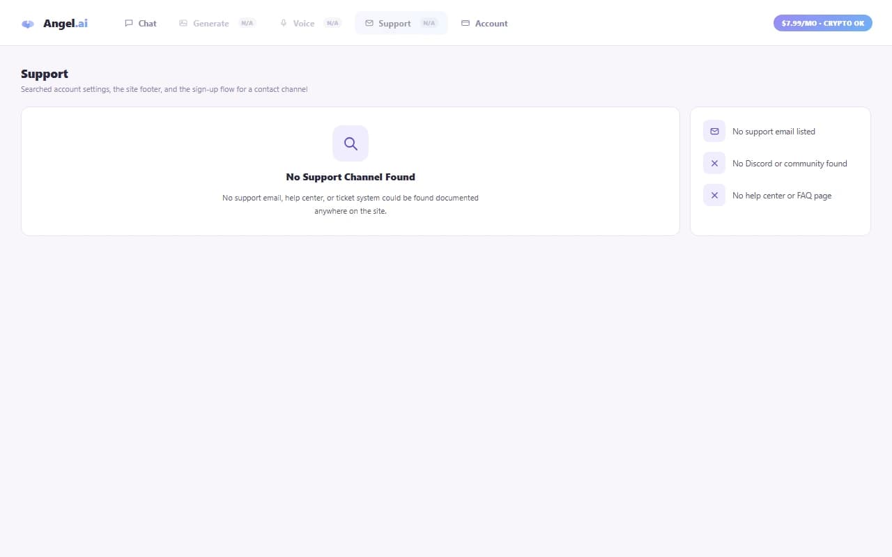 Angel.ai support page showing no listed contact channel