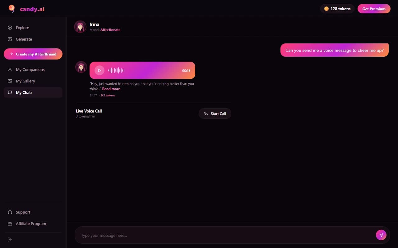 Candy AI voice message bubble with waveform and duration in a chat conversation Candy AI voice message bubble with waveform and duration in a chat conversation