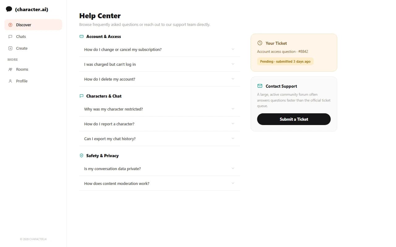 Character.AI help center showing FAQ categories and a submitted support ticket Character.AI help center showing FAQ categories and a submitted support ticket