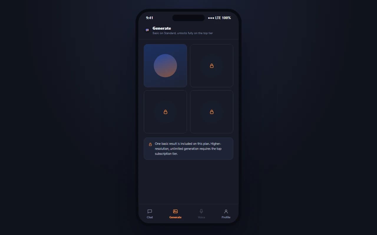 ChatUp AI image generation screen showing mostly locked results gated behind a higher subscription tier