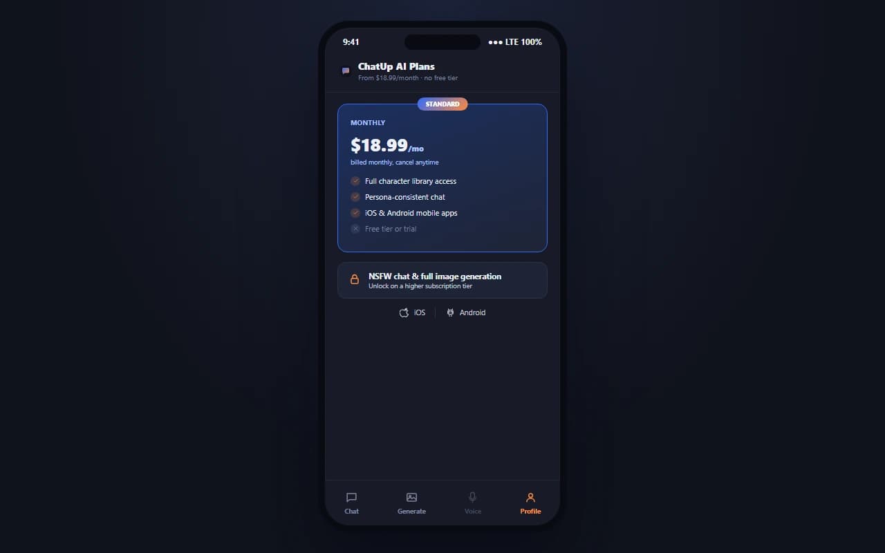 ChatUp AI pricing screen showing the $18.99 per month subscription plan