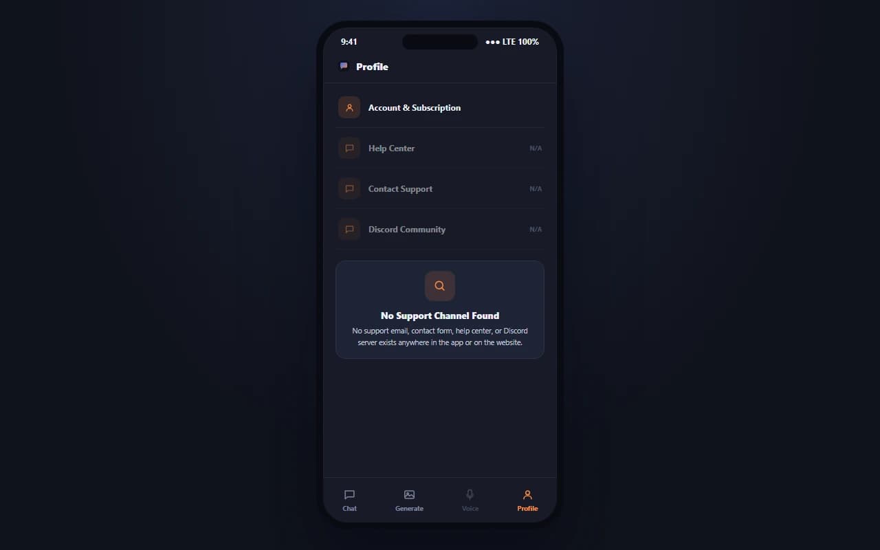 ChatUp AI interface showing no dedicated support channel found