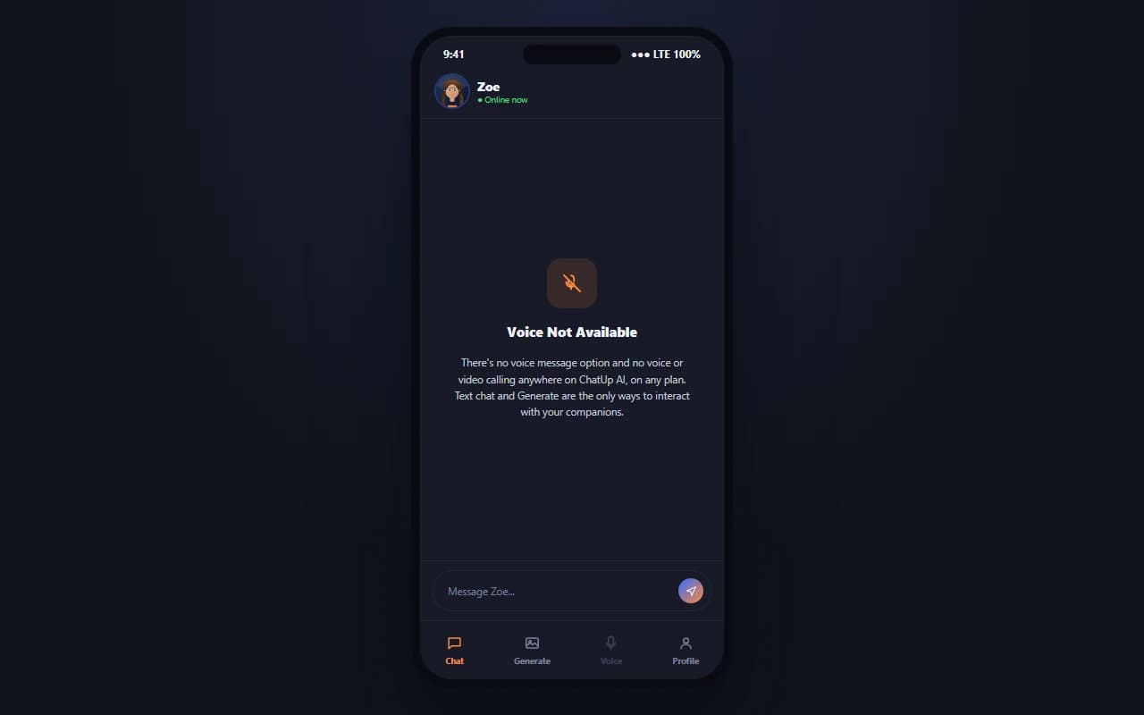 ChatUp AI interface showing no voice messaging or calling feature available