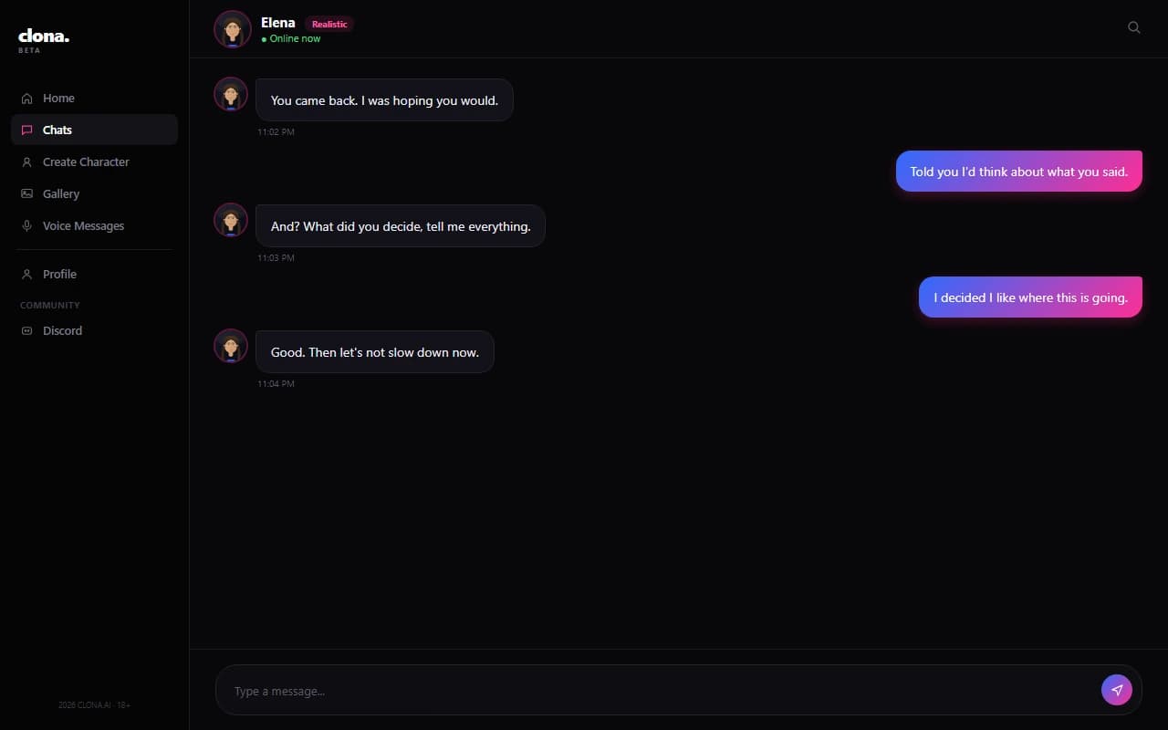 Clona.Beta chat interface showing a conversation with a realistic AI companion