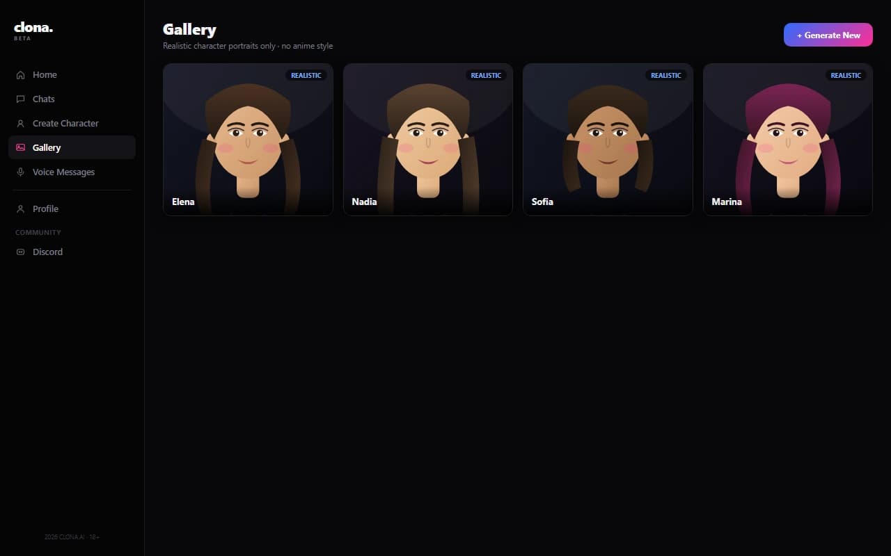 Clona.Beta gallery screen showing generated realistic character portraits
