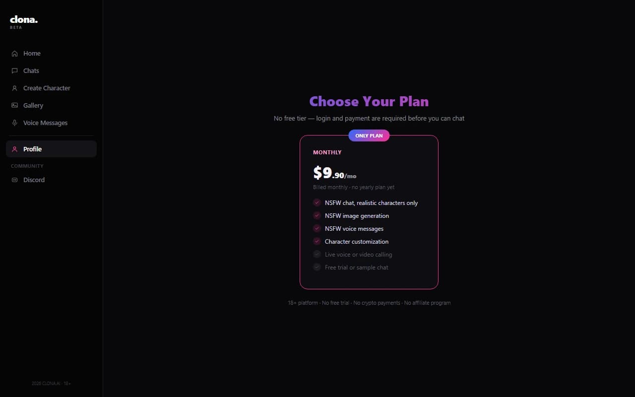 Clona.Beta monthly subscription pricing plan