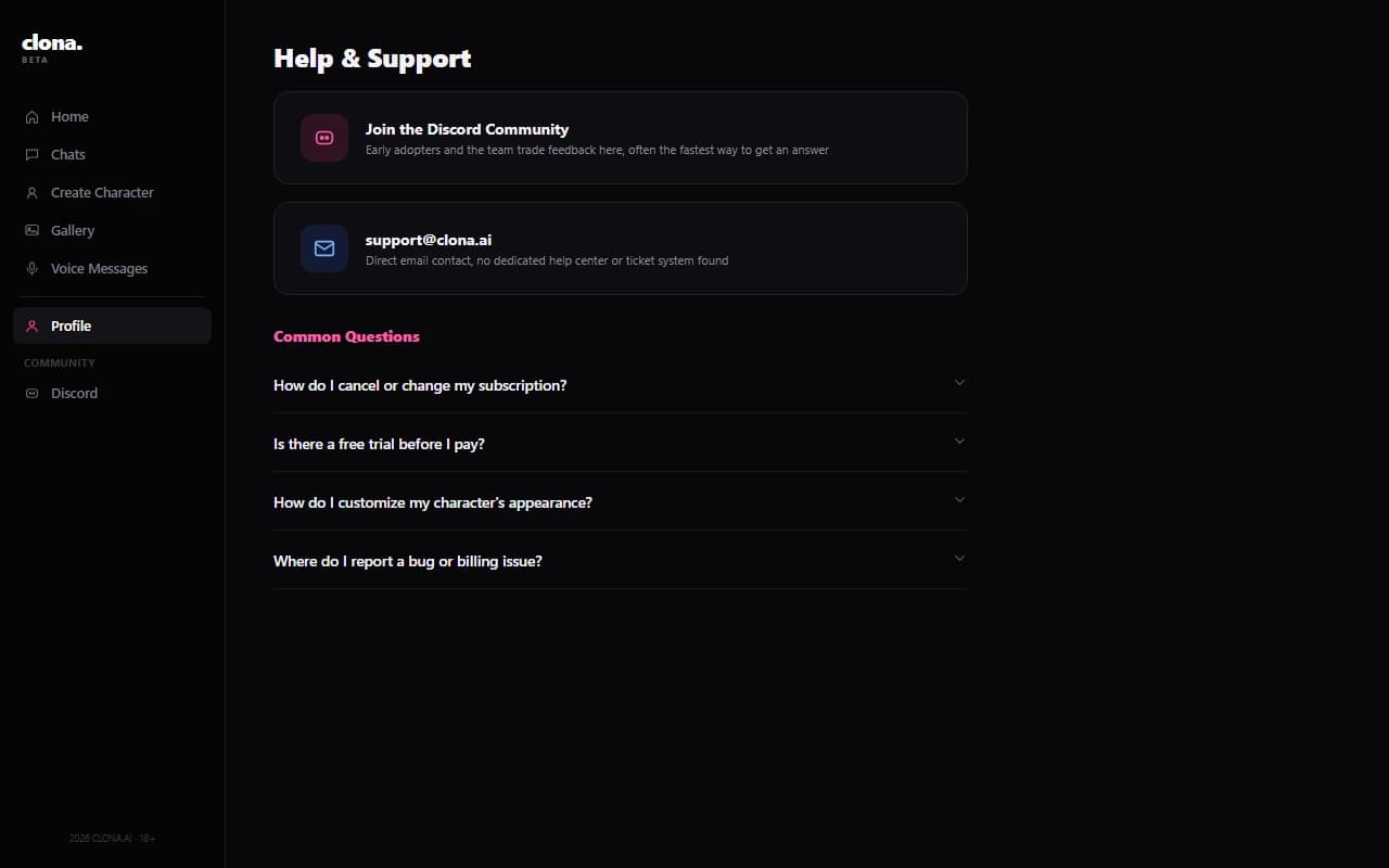 Clona.Beta help and support screen with Discord community and email contact