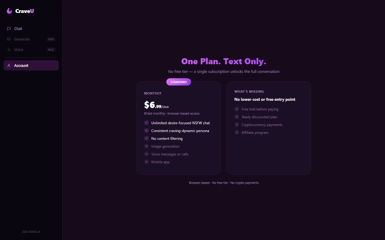 CraveU single monthly pricing plan