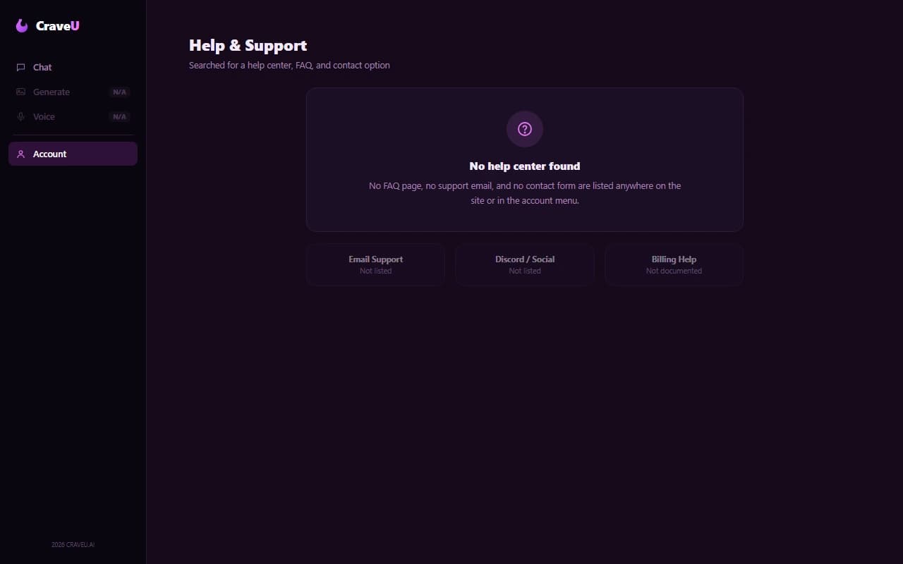 CraveU interface showing no support contact channel found