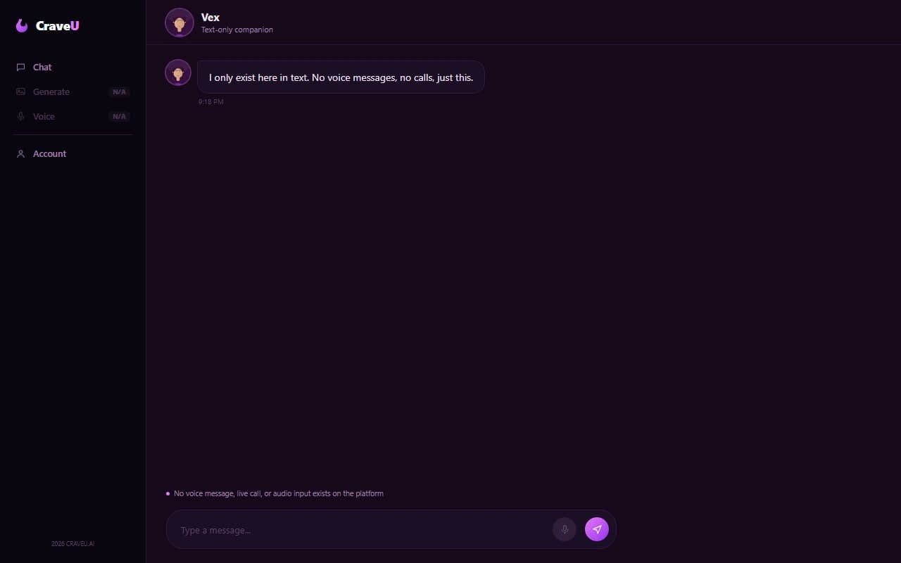 CraveU interface showing no voice messaging or calling option available