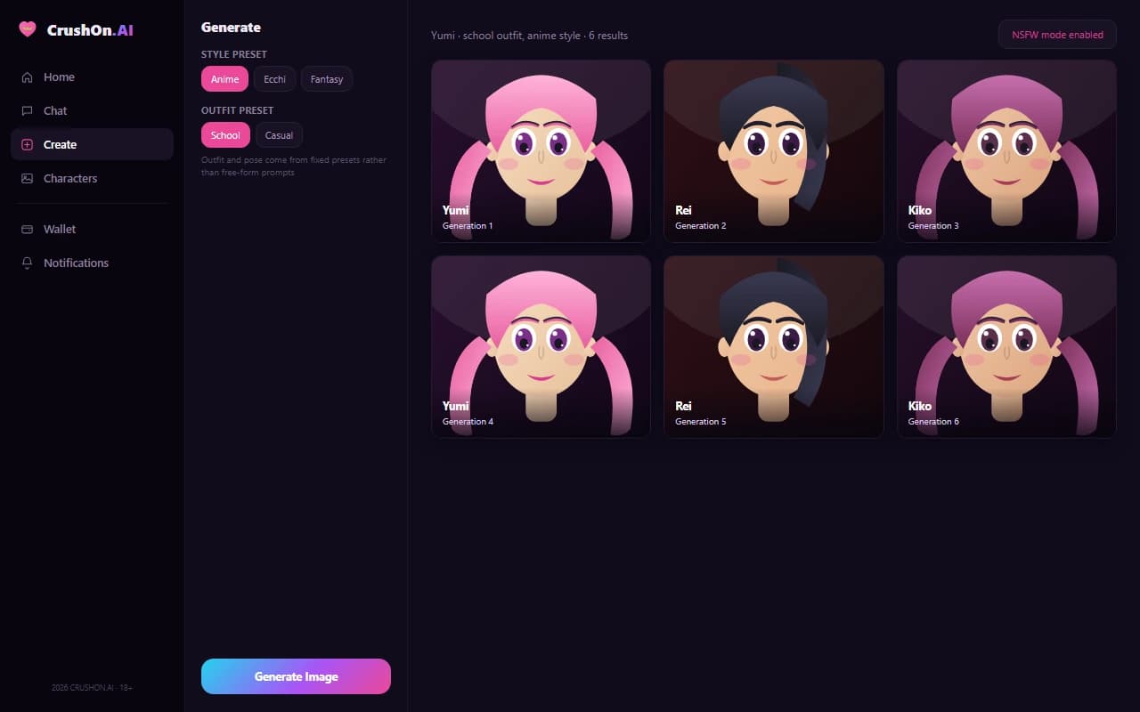 CrushOn AI image generation screen showing a grid of generated anime-style characters