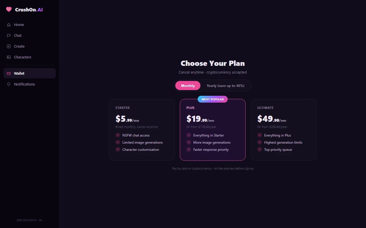 CrushOn AI subscription pricing plans with monthly and yearly options