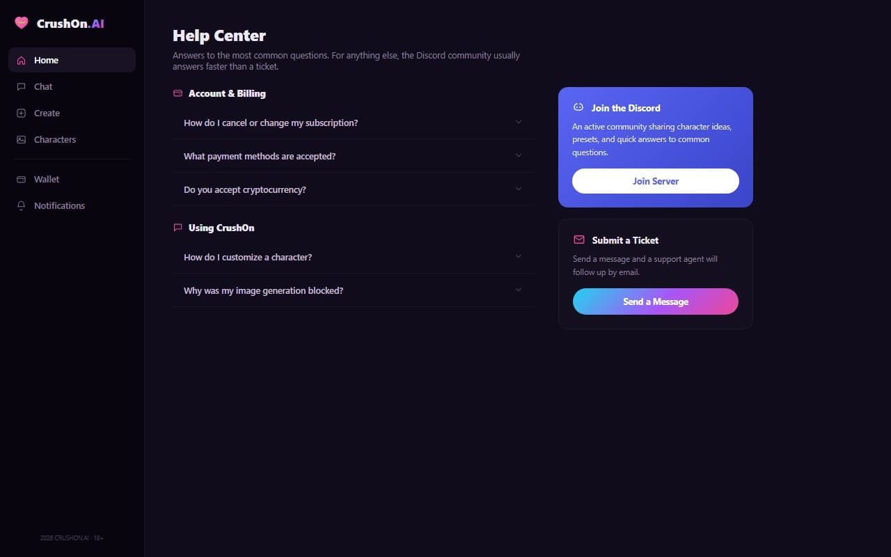CrushOn AI help center and Discord community page