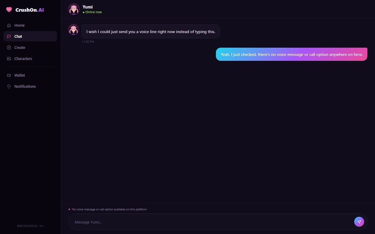 CrushOn AI chat screen showing no voice message or call option available