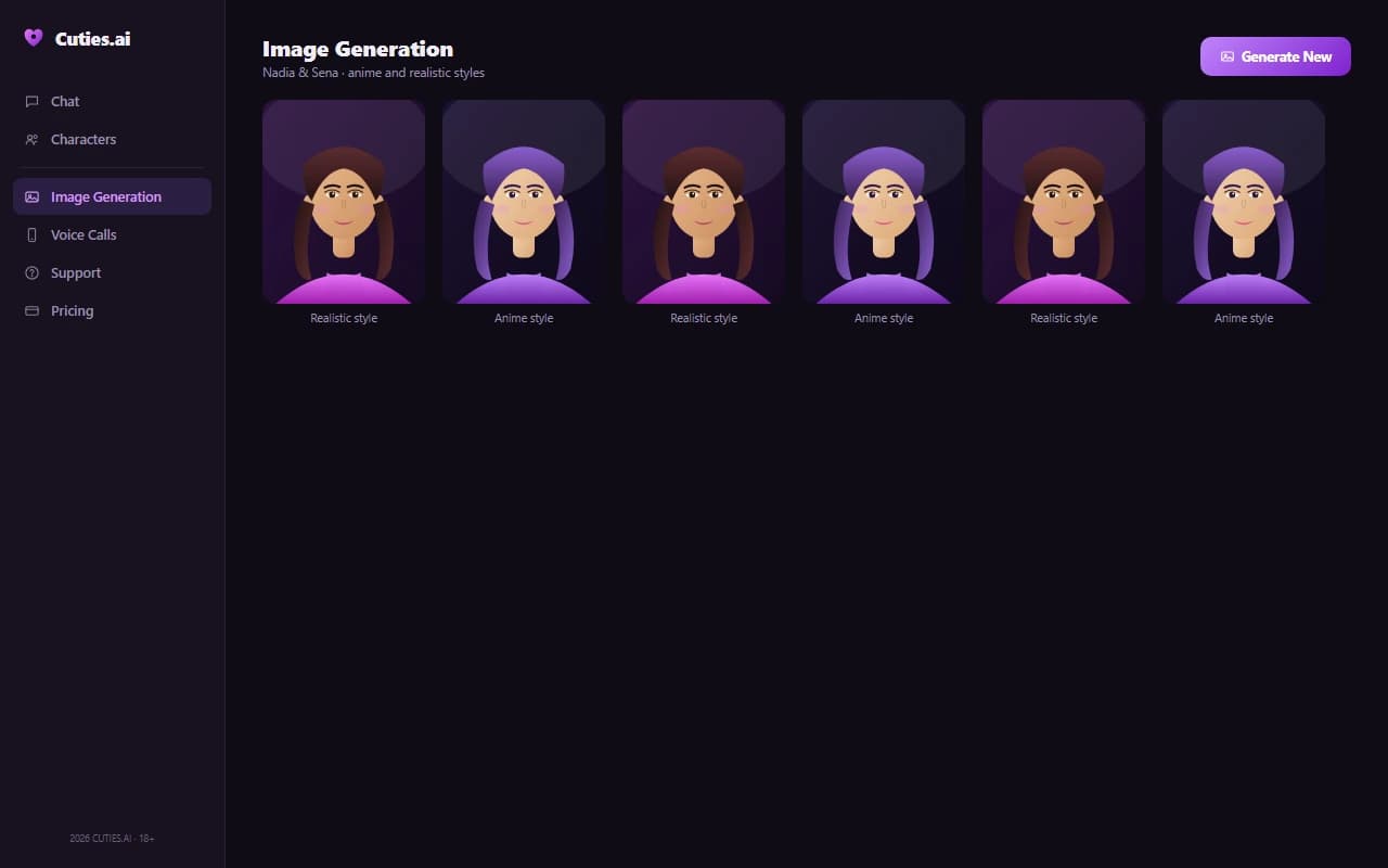 Cuties.ai image generation results grid showing anime and realistic style companions