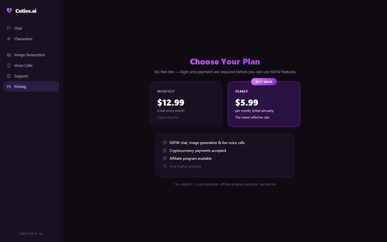 Cuties.ai pricing page showing monthly and yearly subscription plans