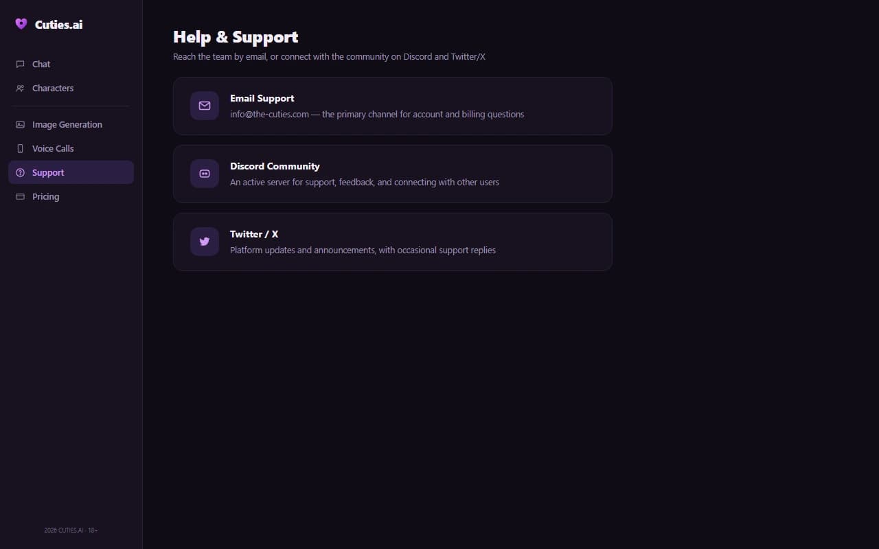 Cuties.ai help and support page showing email, Discord, and Twitter/X contact channels