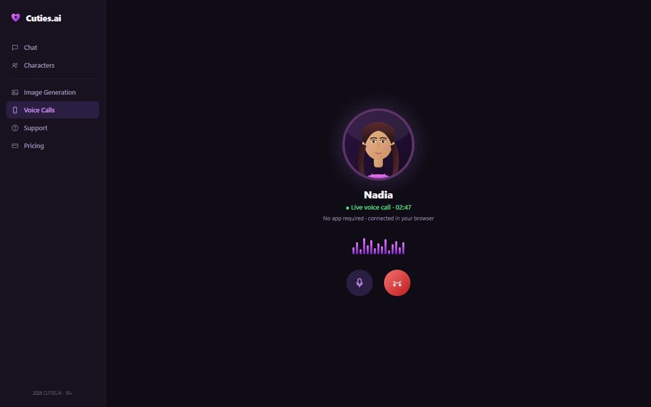 Cuties.ai live voice call screen showing an active call in progress