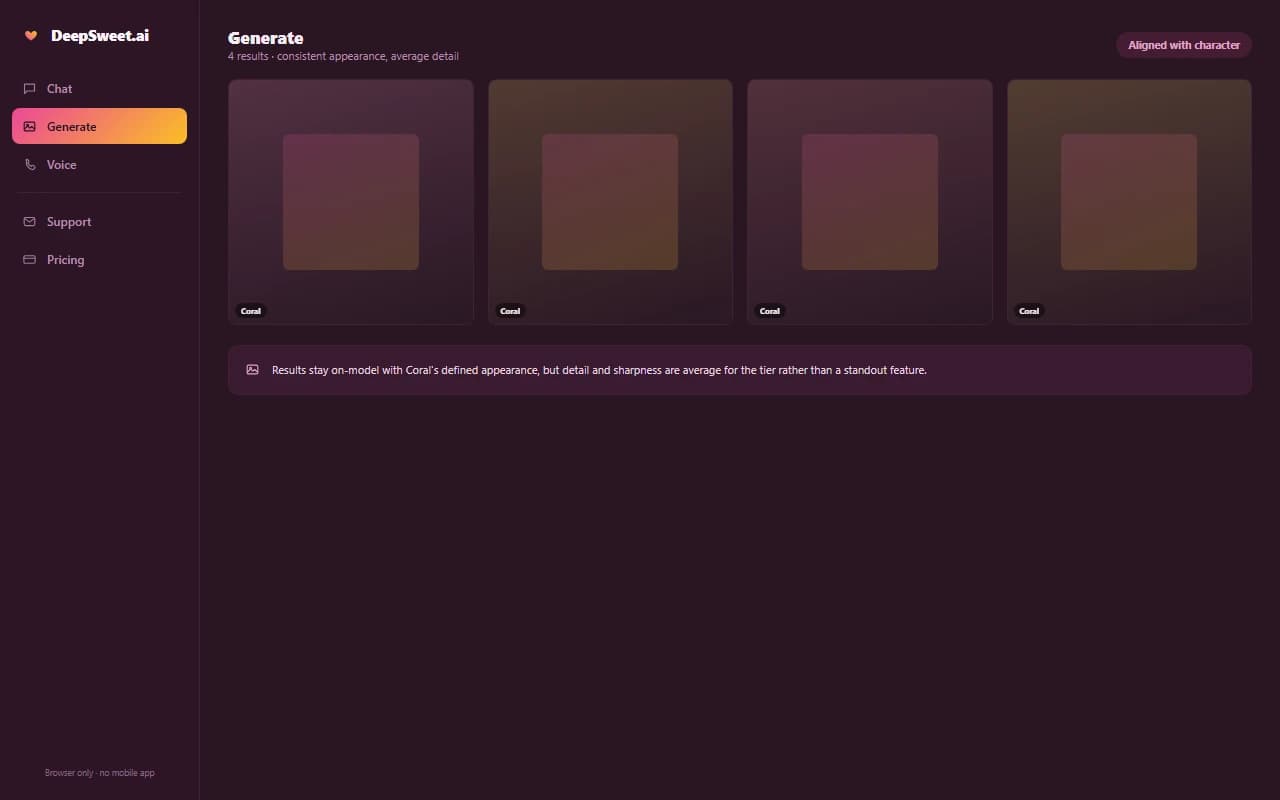 DeepSweet.ai interface showing a generated image results grid for a companion