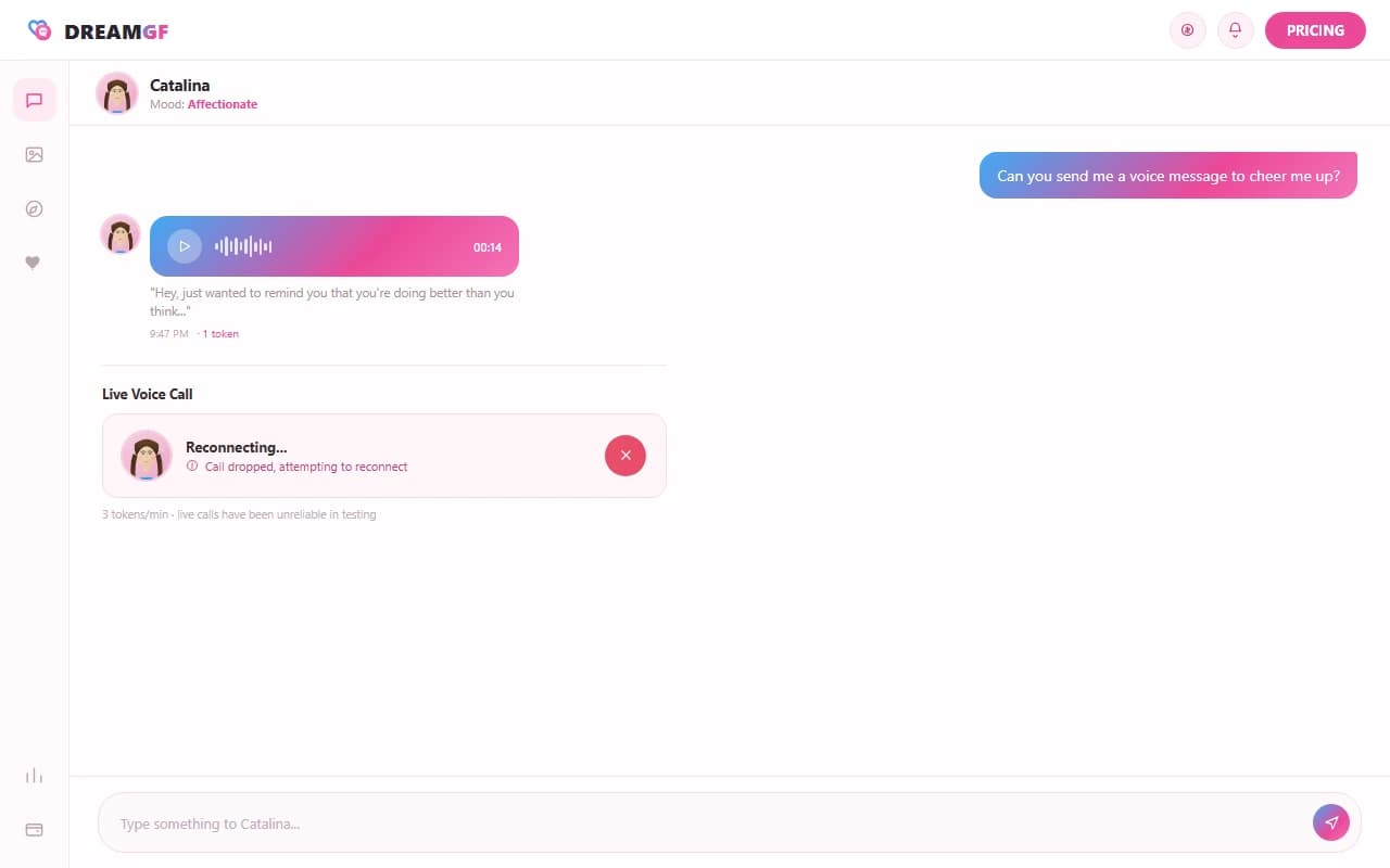 DreamGF voice message bubble with waveform next to a live call screen DreamGF voice message bubble with waveform next to a live call screen