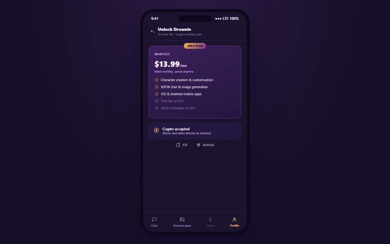 Dreamle pricing screen showing the $13.99 per month subscription plan
