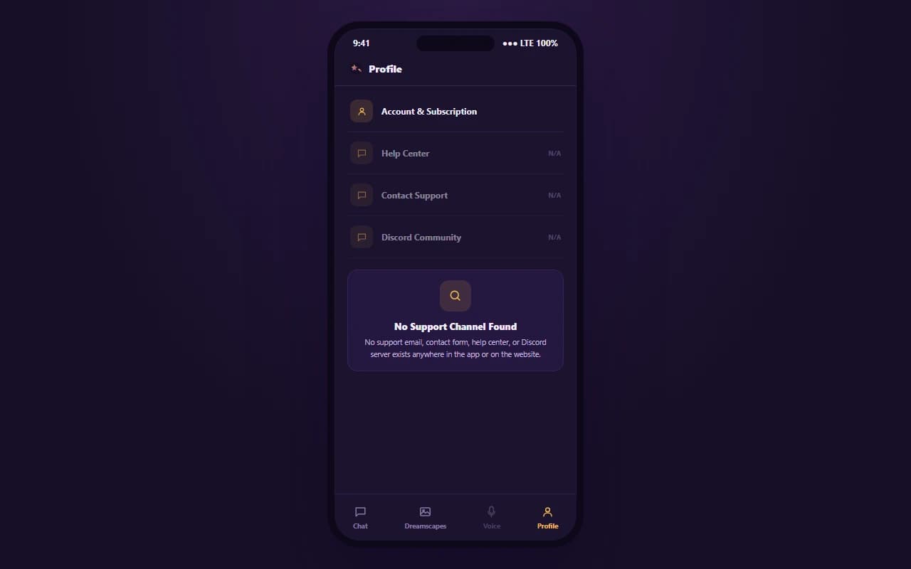 Dreamle interface showing no support channel or help center found