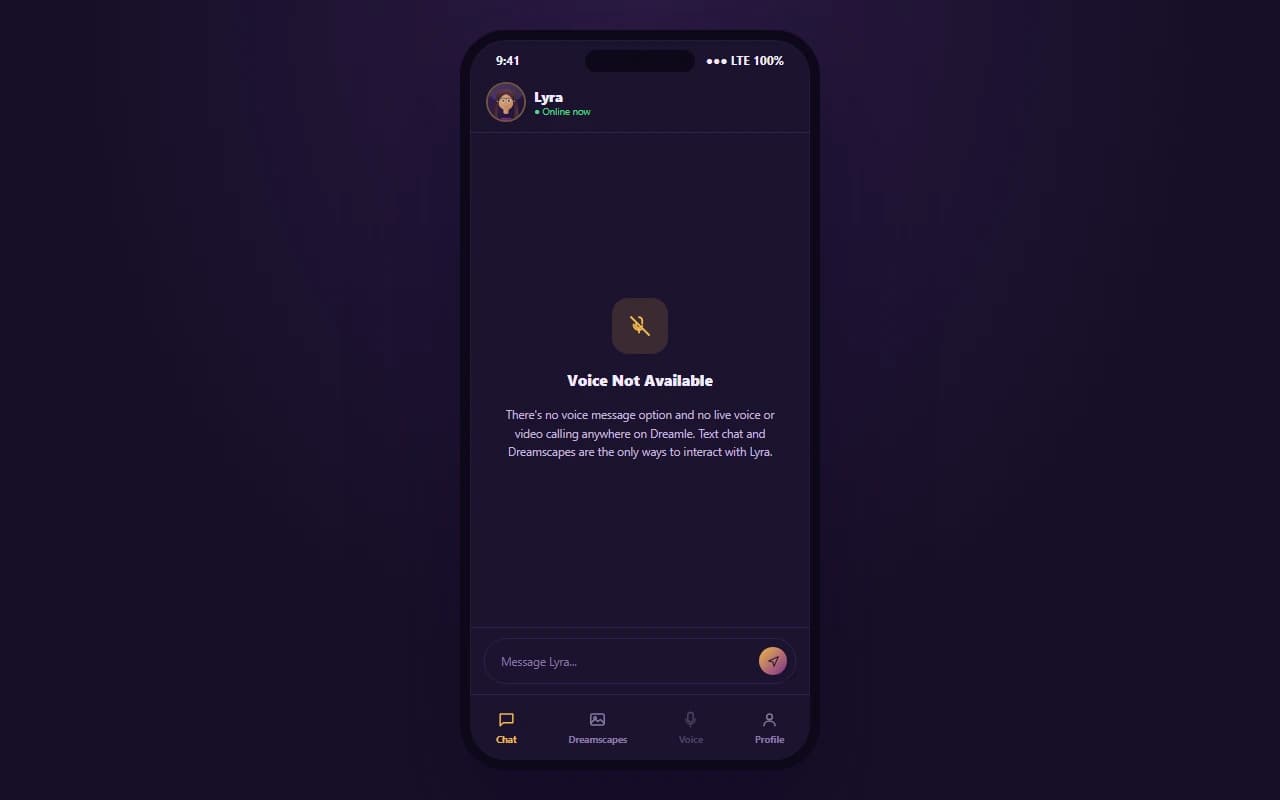 Dreamle interface showing no voice message or calling option available