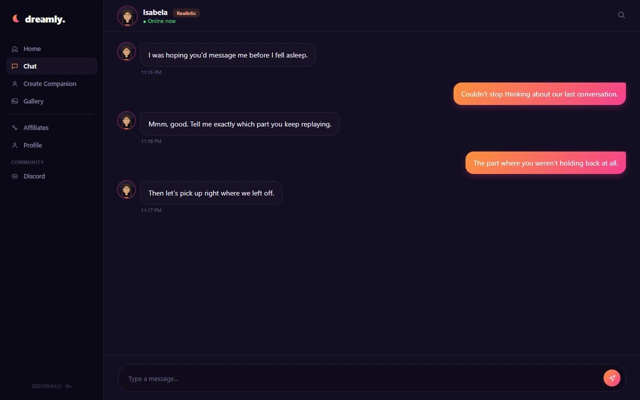 Dreamly chat interface showing a conversation with a realistic AI companion