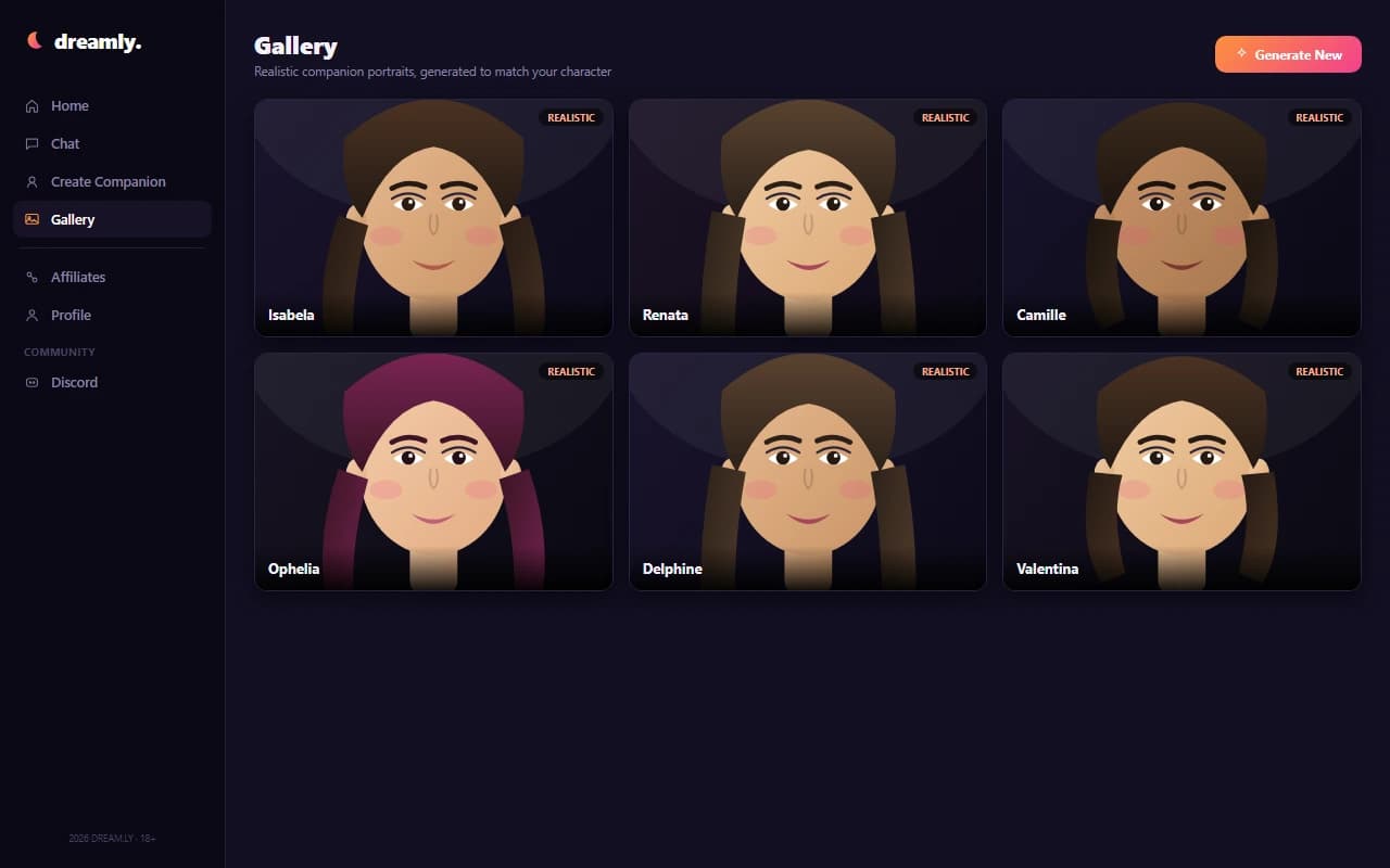 Dreamly generated image gallery showing realistic AI companion portraits