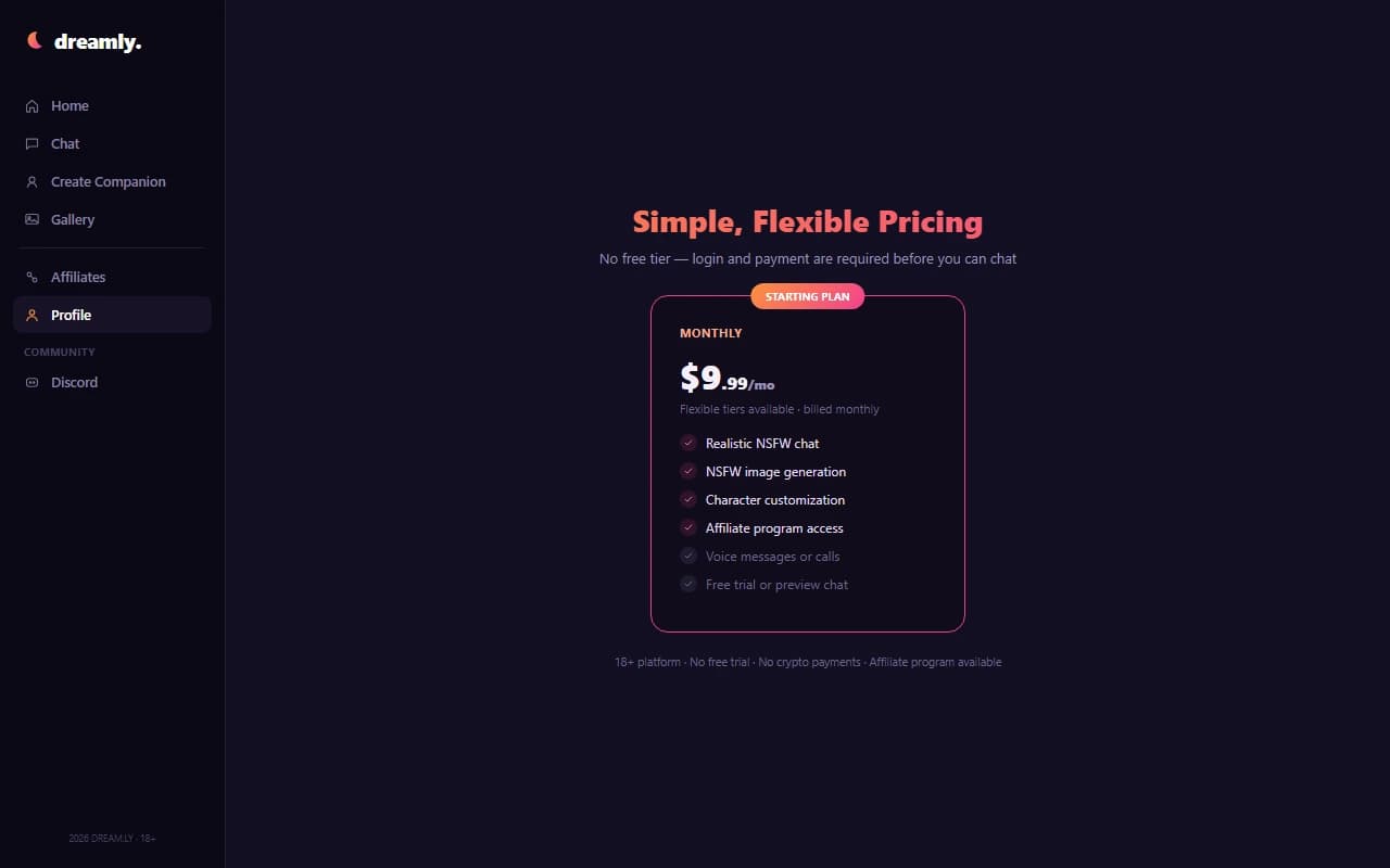 Dreamly subscription pricing plan