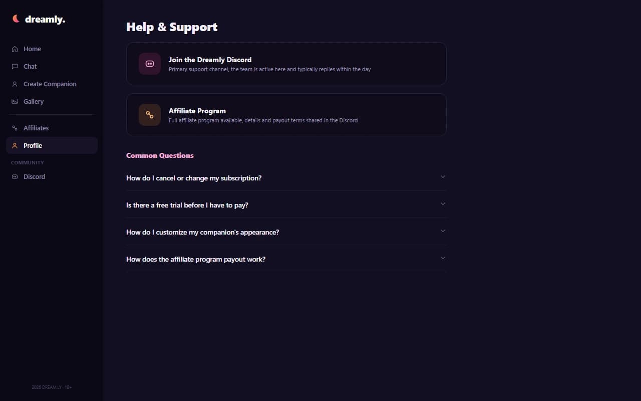 Dreamly help and contact screen showing an active Discord as the primary support channel