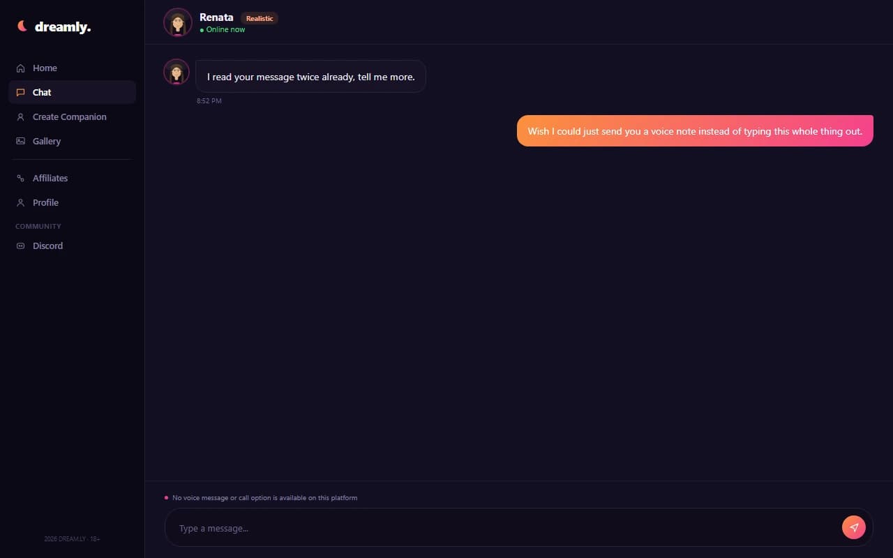 Dreamly chat screen showing no voice message or call option available
