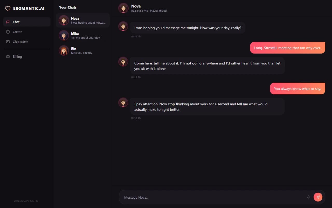 Eromantic.ai chat interface showing a conversation with an AI companion