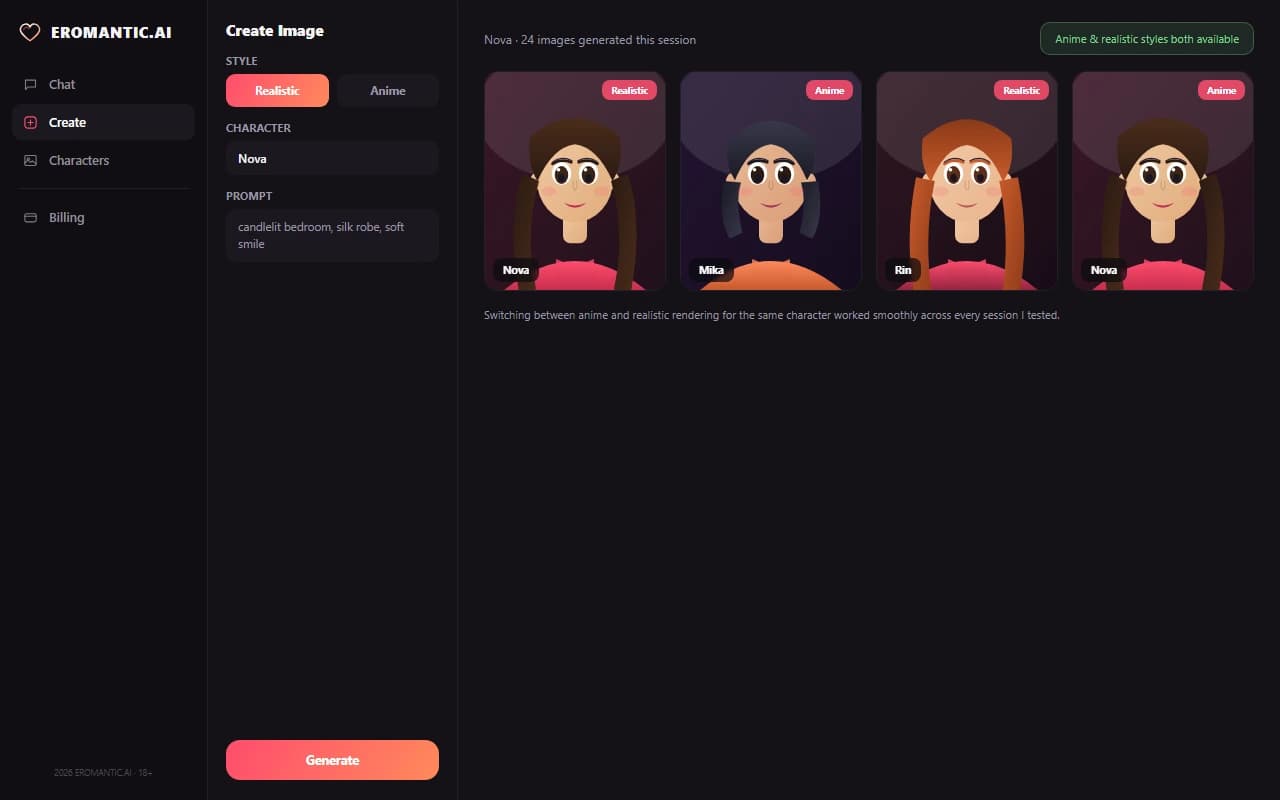 Eromantic.ai image generation screen with anime and realistic style options and a populated results grid