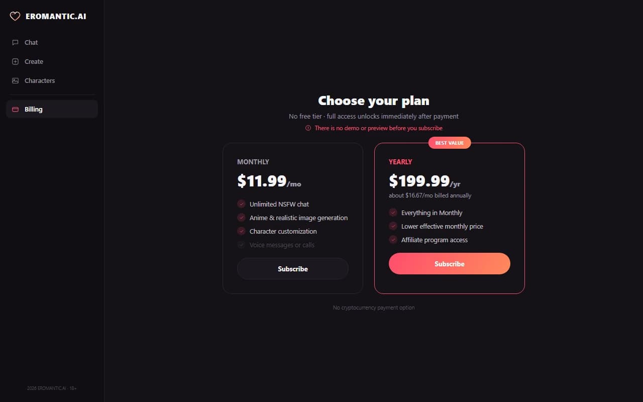 Eromantic.ai subscription pricing plans showing monthly and yearly tiers