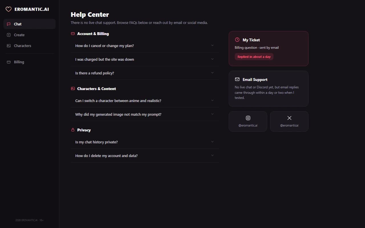 Eromantic.ai help center with FAQ categories and email and social contact options