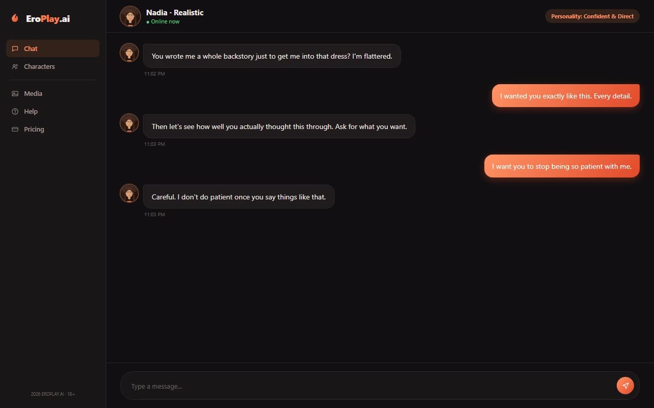 EroPlay.ai chat interface showing a flirtatious conversation with a customized AI companion