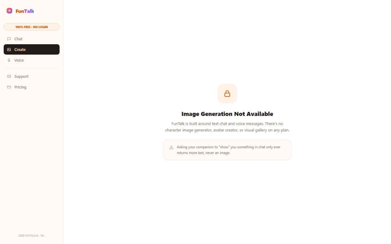 FunTalk.ai interface showing no image generation option available